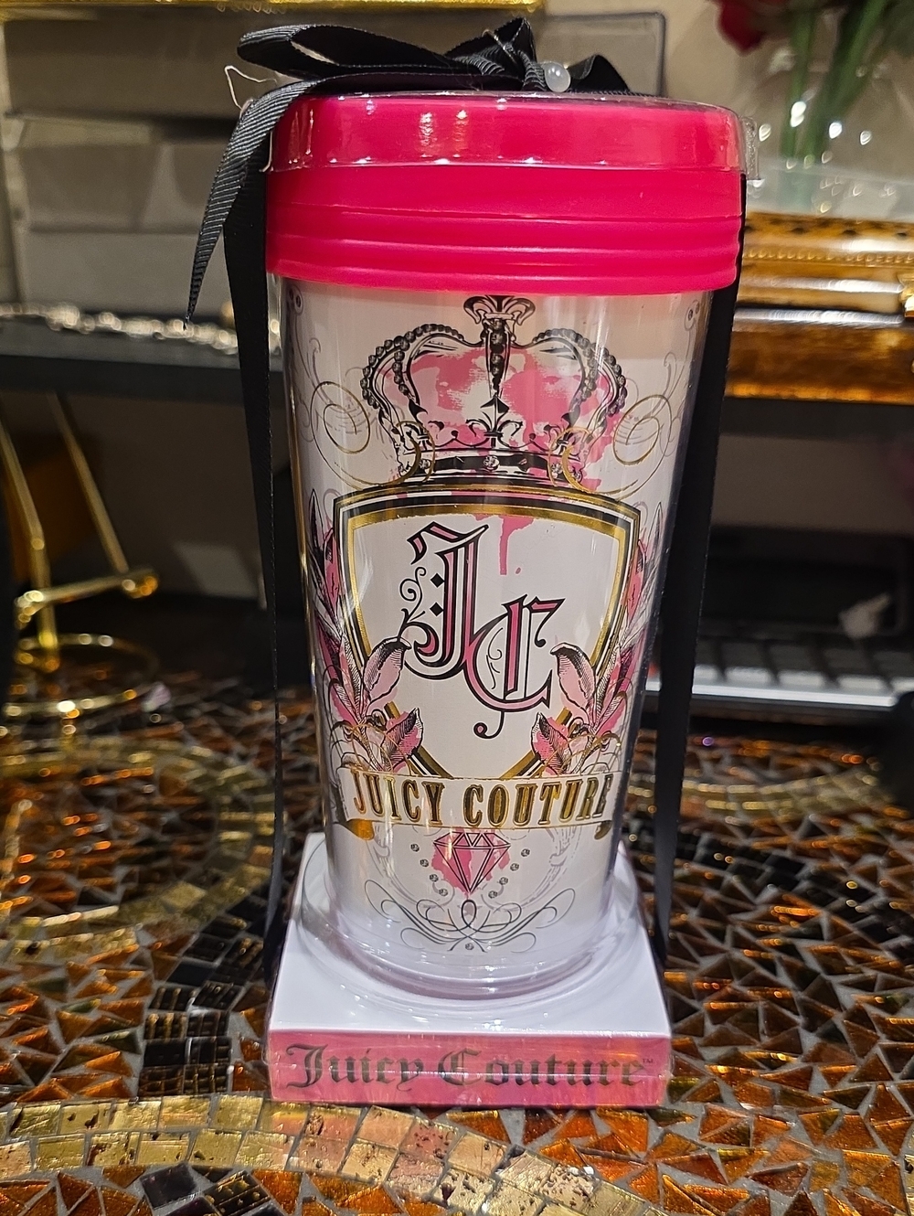 Juicy Couture Hot Pink Logo Travel Cup with Gold Accents